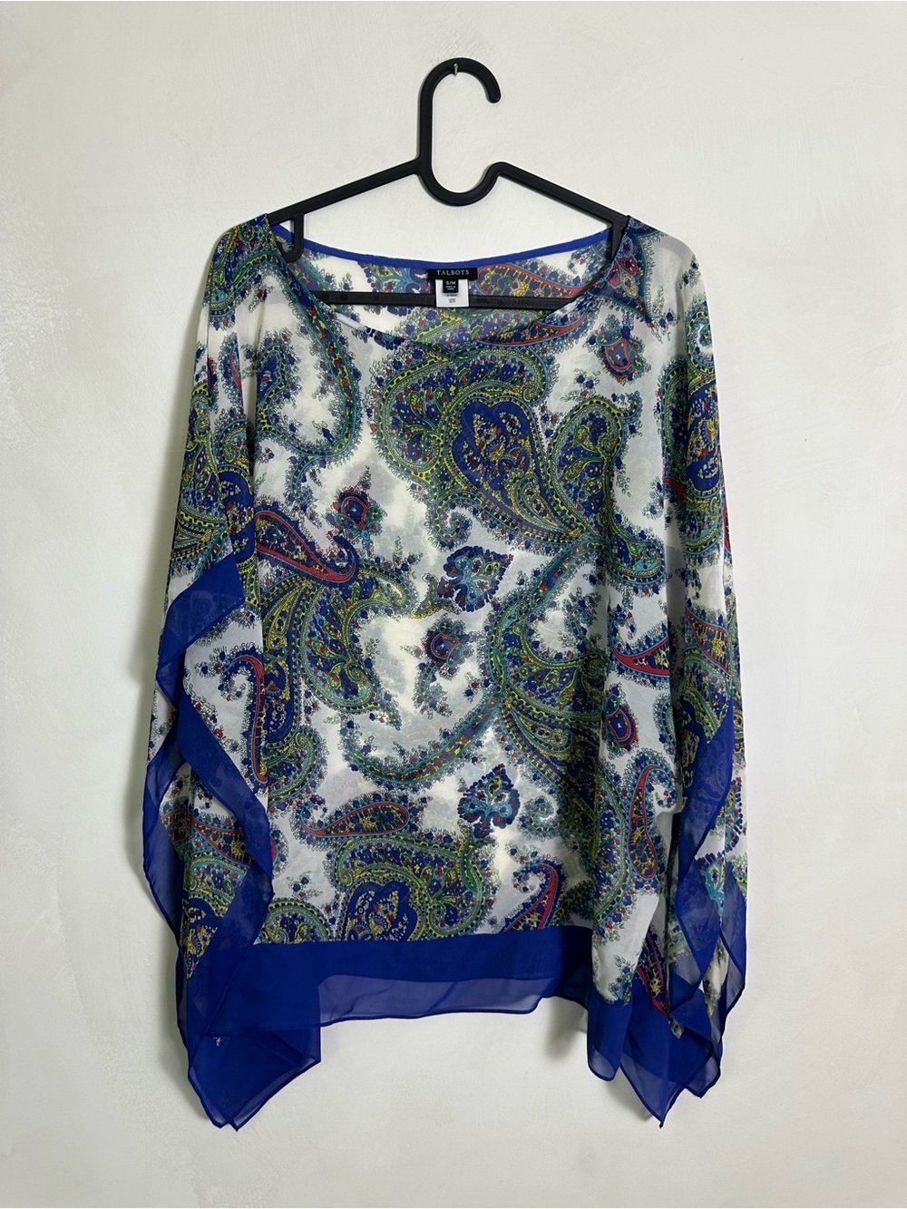 Talbots L/XL 100% Silk Chiffon Sheer Paisley Poncho Blouse Blue Trim S/M